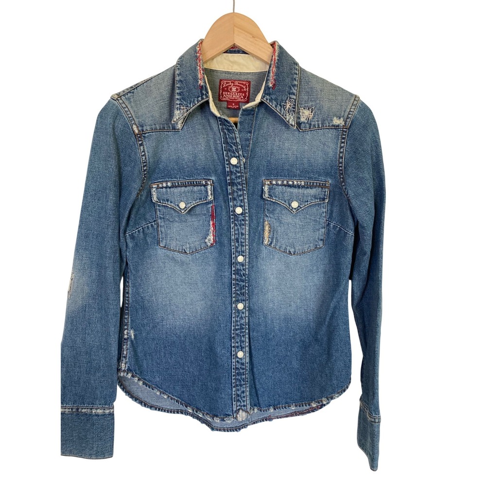 Lucky Brand Dungarees America Blue Denim Western Shirt‎ Distressed Pearl Snap S